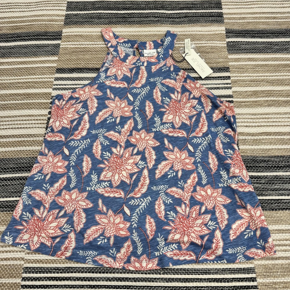 Rachel Zoe Tank Top Womens 1X‎ Blue Floral Linen Lyocell High Neck Sleeveless